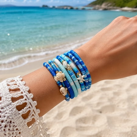 24 Pcs Blue Polymer Clay Beaded Bracelets, Boho Beach Style Elastic Bracelets with Sea Turtle Starfish Shell Charms for Women and Men, Summer Vacation Jewelry, Party Favors and Holiday Gifts