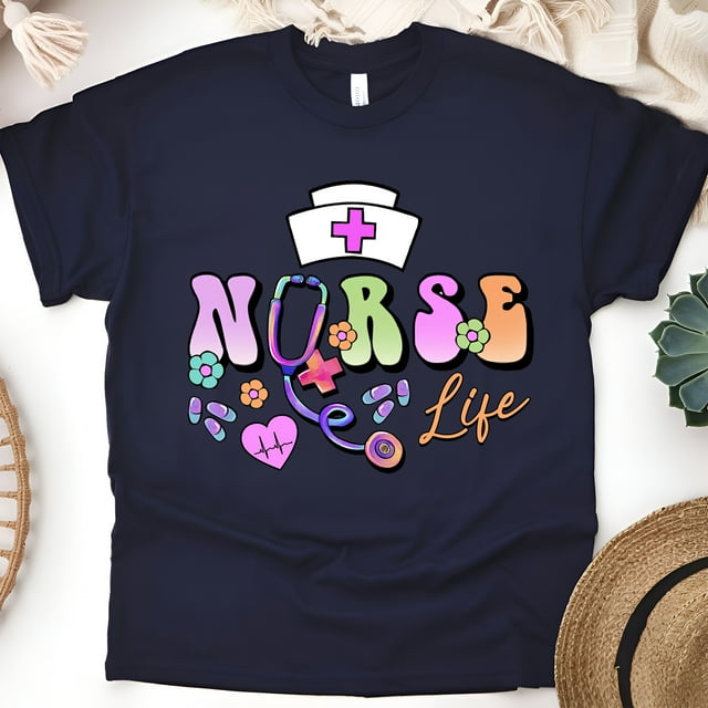 Nurse Life T-Shirt | Pastel Lettering with Stethoscope and Nurse Cap Graphic, Navy, Size M
