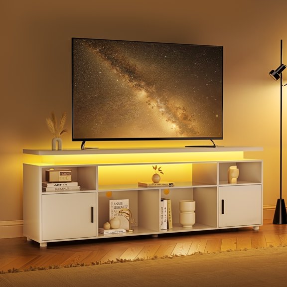 SUNCOZE TV Stand for TVs Up to 80 inch Entertainment Center with LED Lights Console for Living Room White