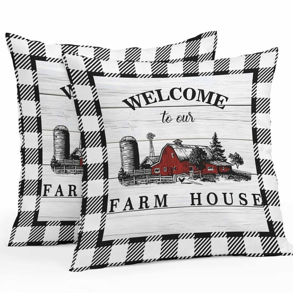 Welcome to Our Farm House Outdoor Waterproof Pillow Covers 16x16 Pack of 2 Red Barn Vintage Black White Plaid Wood Grain Decorative Outdoor Pillow Covers Square Cushion Cases for Patio Pergola Couch