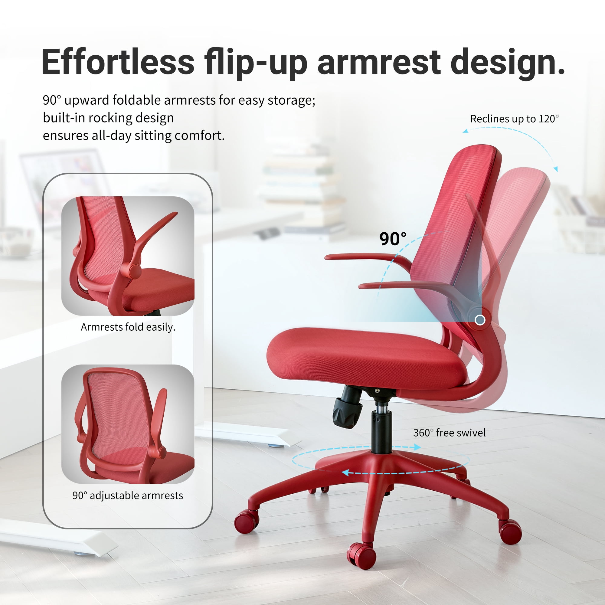 HOQBN Ergonomic Office Chair with Flip-Up Armrests, Breathable Mesh Back, Integrated Molded Foam Seat, 350lb Capacity,Red