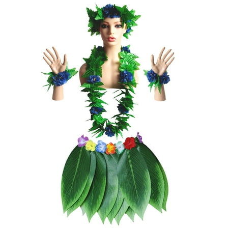 

5pcs Hawaii Flower Green Leaf Skirt Performance Skirt Party Costume Creative Garland Wristband Leaf Hair (Blue Adults Style Le