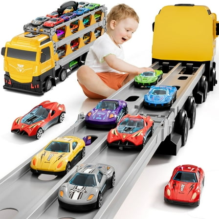 KukuFun 78 inches Transport Truck with 24 Die-Cast Cars Toys, Toddler Car Toys Gifts for 2 3 4 5 6 7 Years Old Boys Girls Kids, 2 3 4 5 Years Old Boys Toys
