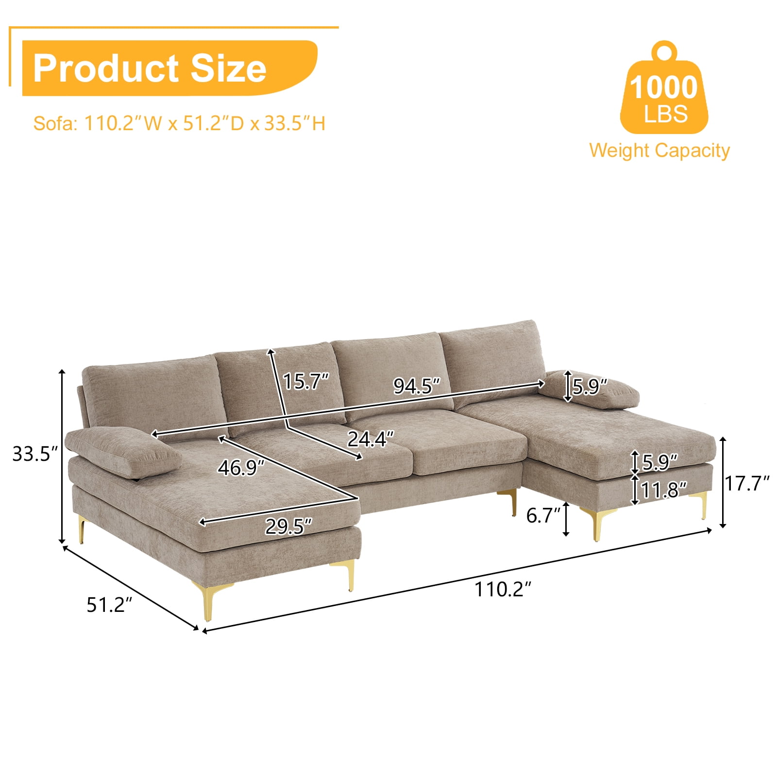 Ktaxon U-Shaped Chenille Sectional Sofa – 4-Seat Sleeper & Double Chaise