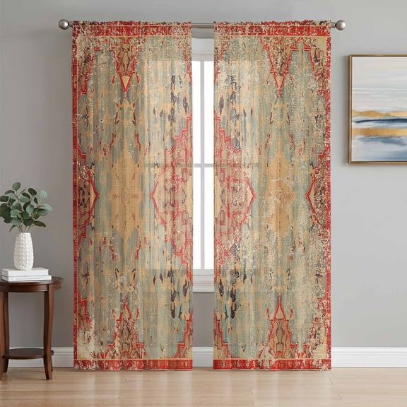 Red Blue Boho Semi Sheer Window Curtains 96 Inches Long, Ehtnic Abstract Art Modern Geometric Rod Pocket Voile Silky Chiffon Curtain Light Filtering Drapes for Living Room, Kitchen, 52"x96", 2 Panels