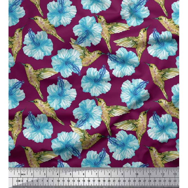 Soimoi Velvet Fabric Hummingbird & Floral Decor Fabric Printed Yard 58 Inch Wide