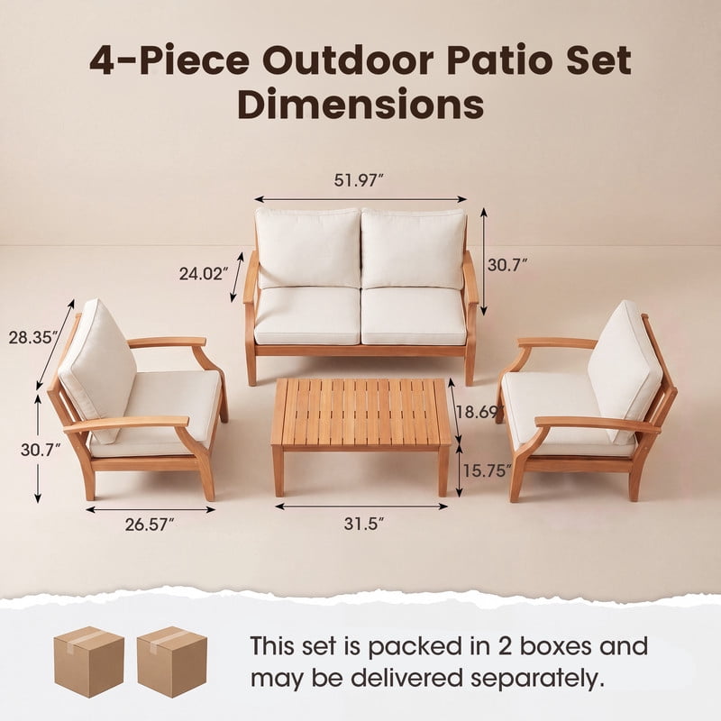Vineego 4-Piece Patio Conversation Set, Eucalyptus Wood Outdoor Sectional Sofa with 4" Thick Cushions, Patio Furniture for Backyard, Deck, Balcony & Porch