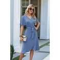 thumbnail image 4 of Women'S Wrap Dress V Neck Short Sleeve Waist Tie Ruffle Split Midi Casual Dress Gray blue M, 4 of 9