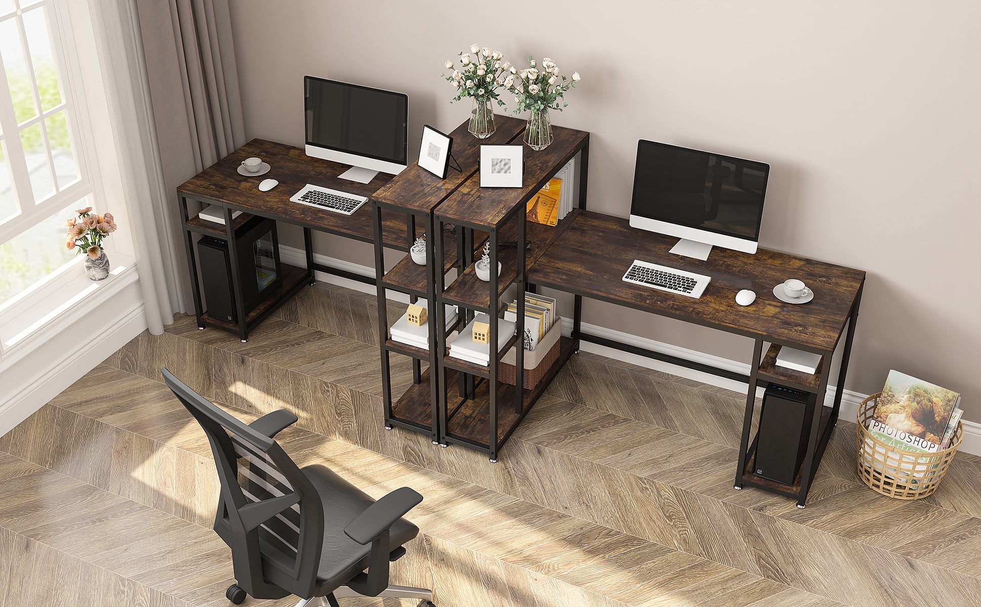 YITAHOME 110 inches Computer Desk with 4 Tier Storage Shelves, Extra