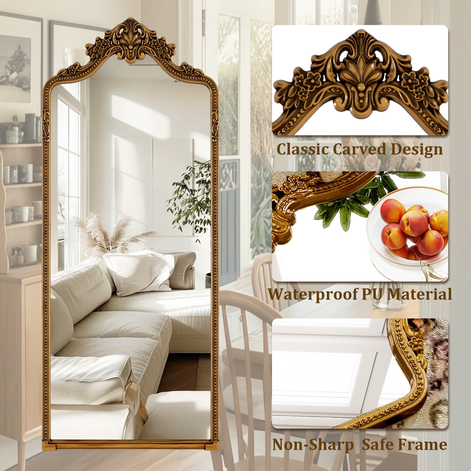 ‌Auromir‌ 28"x69" Antique Arched Full Length Mirror Baroque Style Floor Home Decor Mirror,Gold