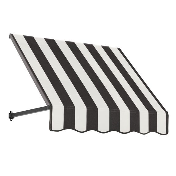 Awntech 3.38 Ft Dallas Retro Straight Slope Fixed Awning with Anodized Arms (40.5in x 18in x 24in), Black/White Stripe