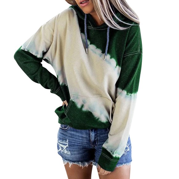 Women Tie Dyed Printed Hooded Drawstring Pockets Color Block Sweatshirt