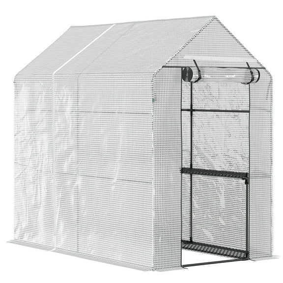 47" x 73" Walk-In Greenhouse, White Portable Plant House with 4 Shelves & Roll-Up Door