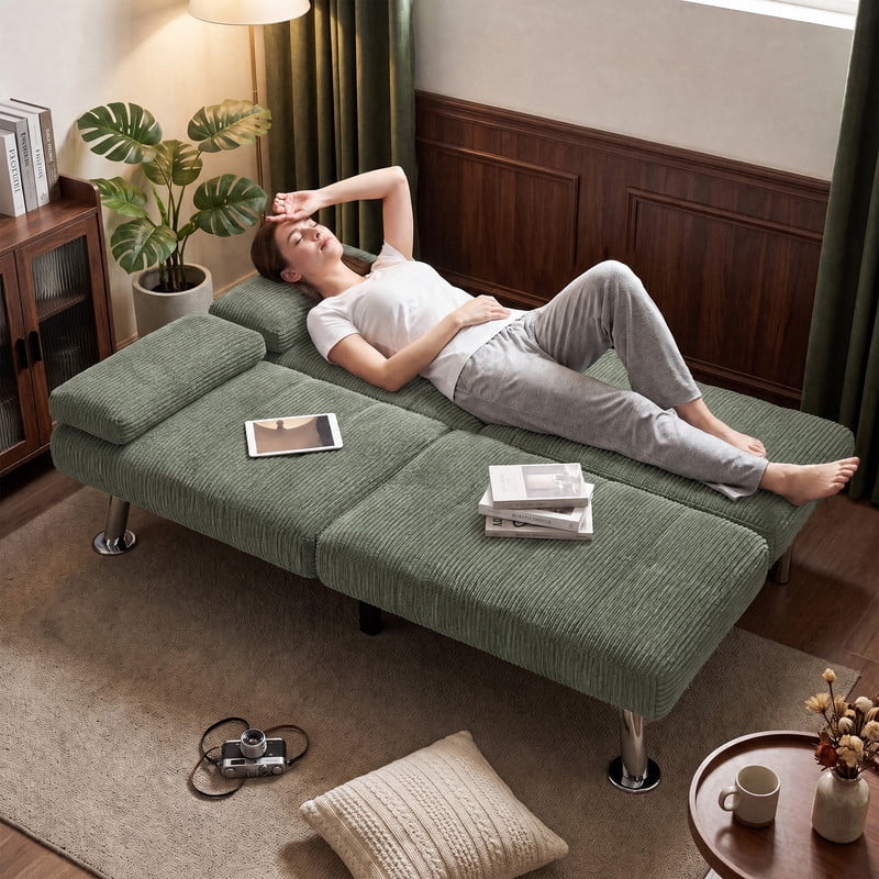 Lacoo Futon Sofa Bed, Corduroy Convertible Couch Sleeper Sofa, Cup Holders, Small Spaces,Green