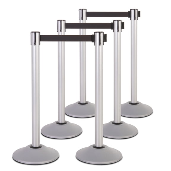 US Weight Heavy Duty Premium Silver Steel Stanchion with Black 7.5-Foot Retractable Belt- 6 PK