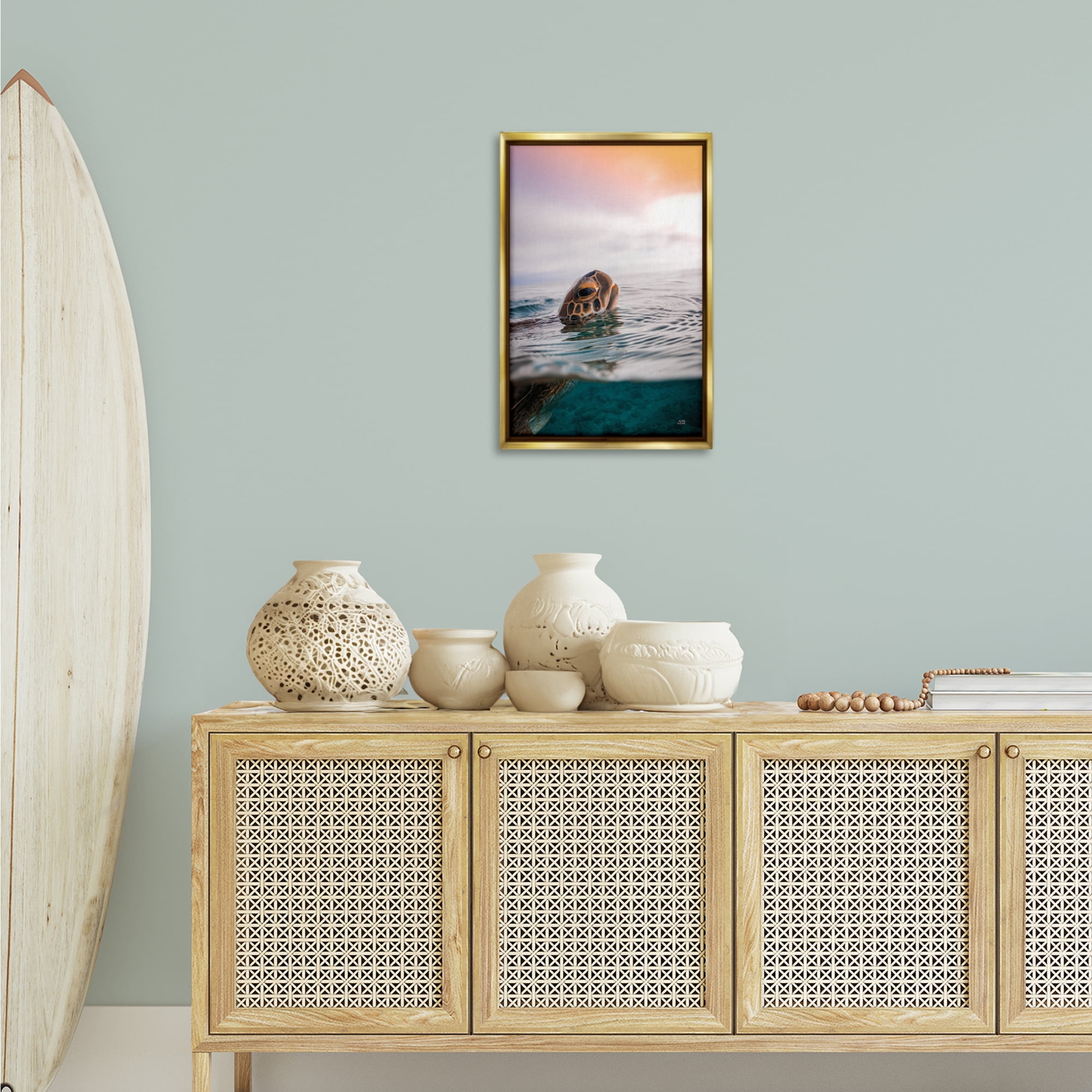 Stupell Industries Turtle Swim at Sunrise Animals Photography Gold Floater Framed Canvas Art Print Wall Art, 17 x 25