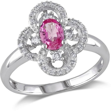 3/5 Carat T.G.W. Pink Sapphire and 1/6 Carat T.W. Diamond 10kt White Gold Oval Cluster Ring