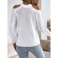 thumbnail image 5 of Women Cable Openwork Hollow Cut Out Cold Shoulder Crew Neck Long Sleeve Loose Pullover Sweater White S, 5 of 9
