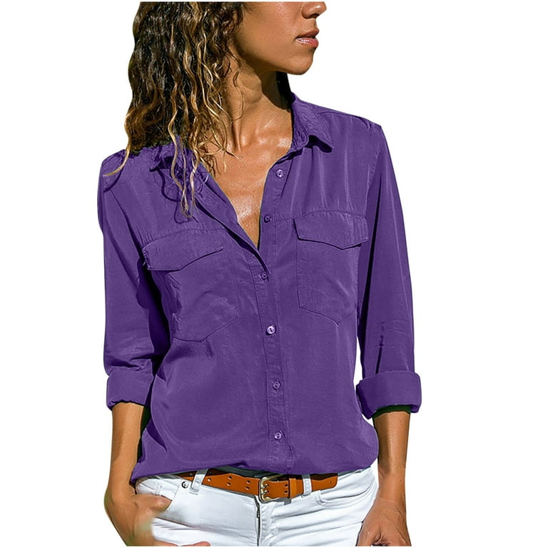 Cotton Lien Solid Color Shirts Trendy Long Sleeve Elegant Office Wear  Blouse Loose Tunic Casual Tops for Ladies Plus Size Tops Womens Fall  Fashion Turn Down Collared Blouse Purple XXXXXL 