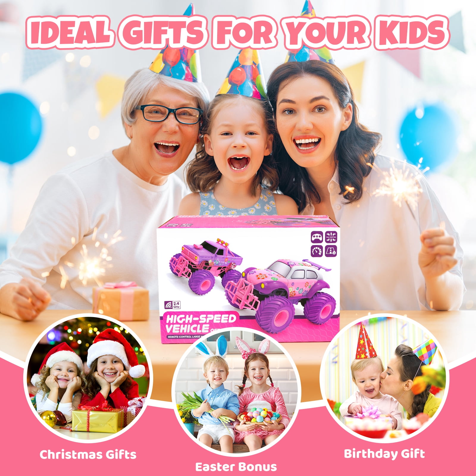 Beefunni Pink RC Car for Girls, 4WD Off-Road Remote Control Truck with 2.4GHz, Rechargeable Battery, All-Terrain RC Jeep Toy for Kids Ages 4-7, Birthday Gift for Girls