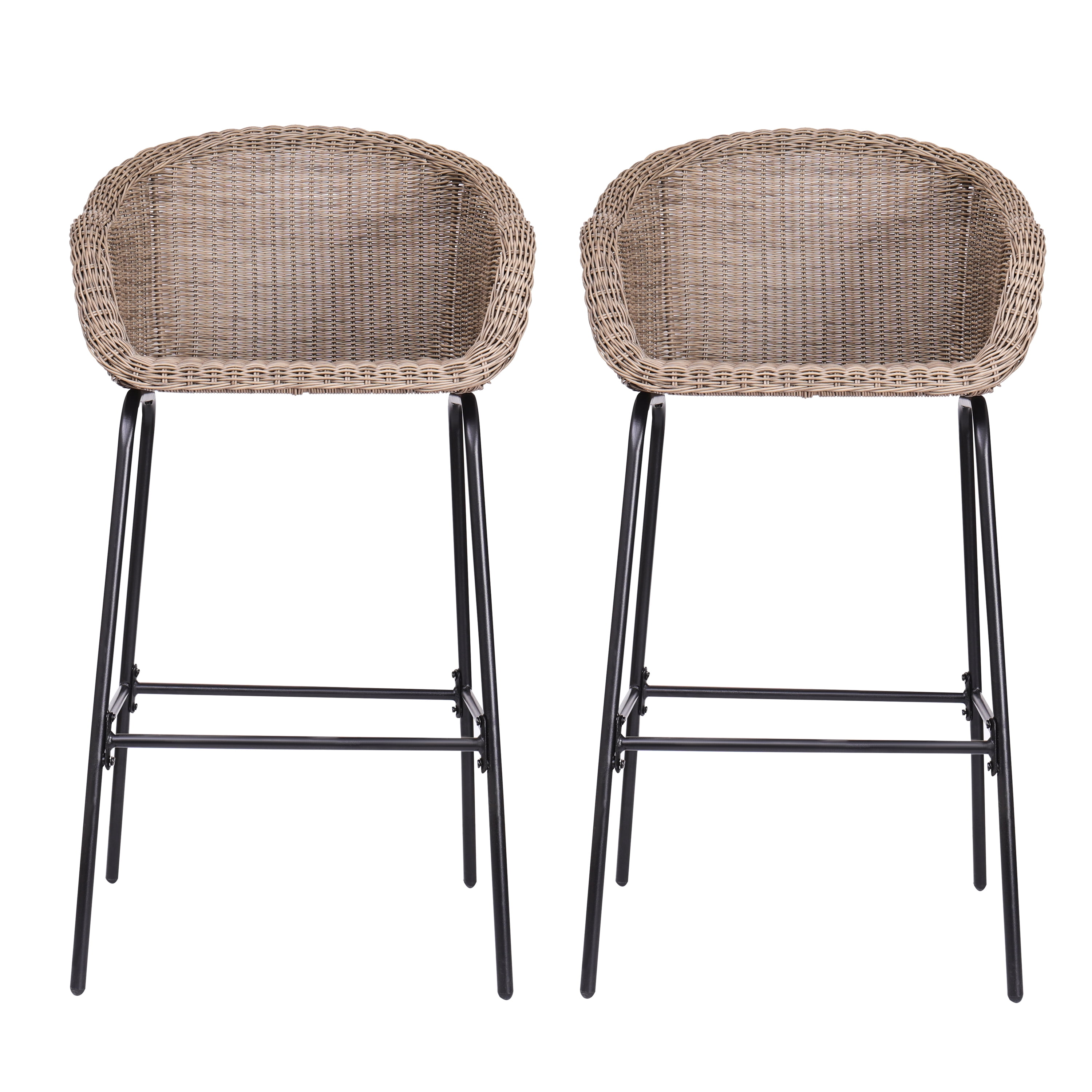 Outdoor Metal Wicker Barstool, Light Brown Faux Wicker, Set of 2