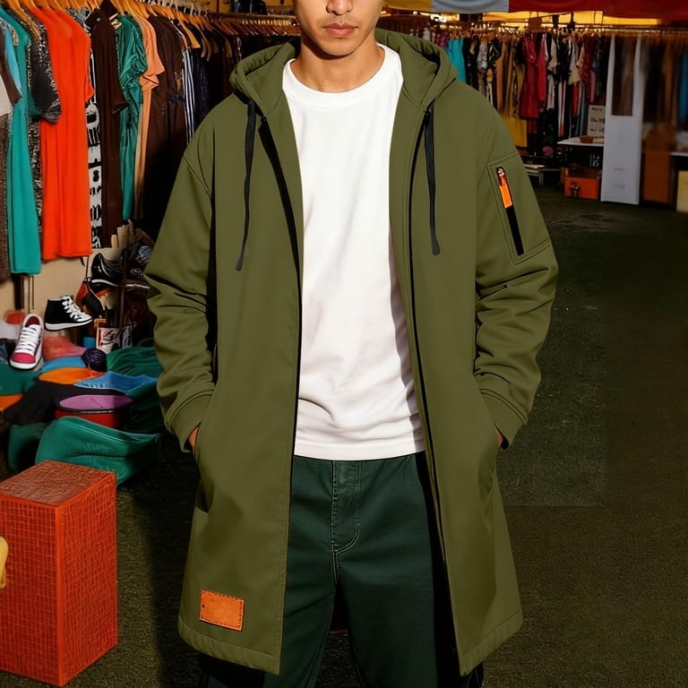 Mens Trench Coat Hoodie Long Jacket Full Zip Winter Business