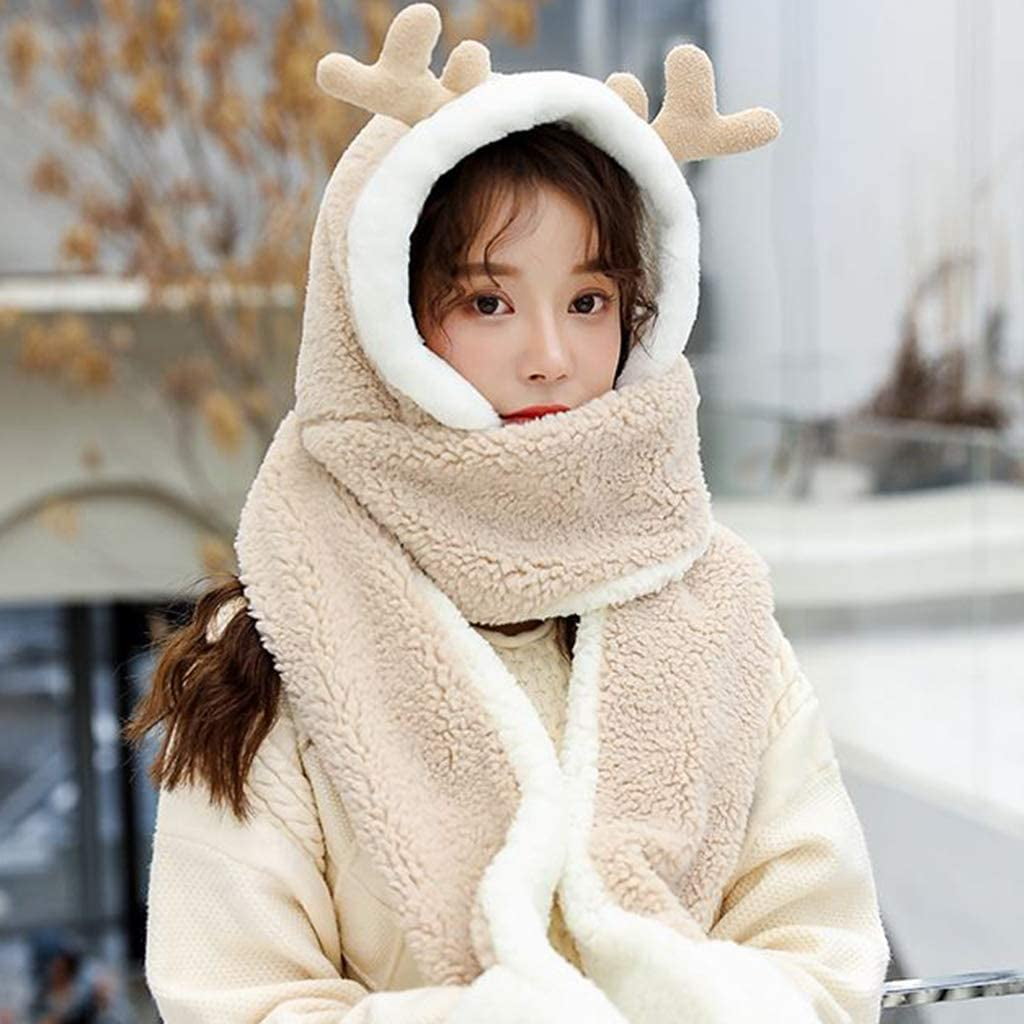 Best Gift for Lady Women Girls 1Pcs 3-in-1 Winter Warm Hat with Scarf Pocket Hooded Soft Thicken Long Scarf Earflap Hat Mitten Glove Pocket 