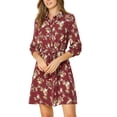 thumbnail image 1 of Vestido de camisa floral con cinturón y botones de solapa para mujer Allegra K en color burdeos, 1 of 8