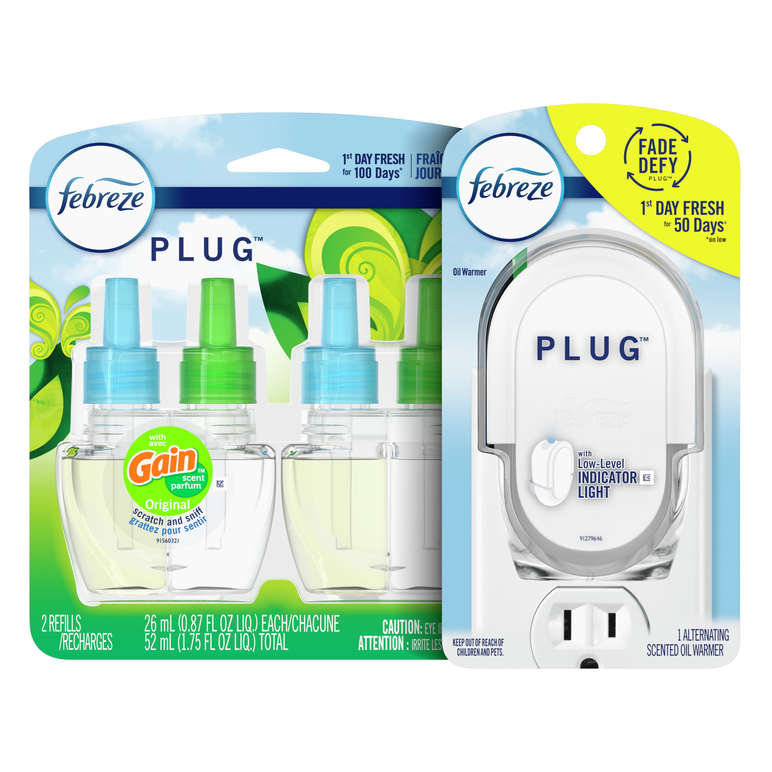Febreze Odor-Eliminating Fade Defy PLUG Air Freshener, Gain Original, Starter Kit & (2) .87 fl oz Oil Refills