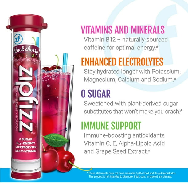 Zipfizz Energy Multi-Vitamin Hydration Drink Mix, Black Cherry, 20