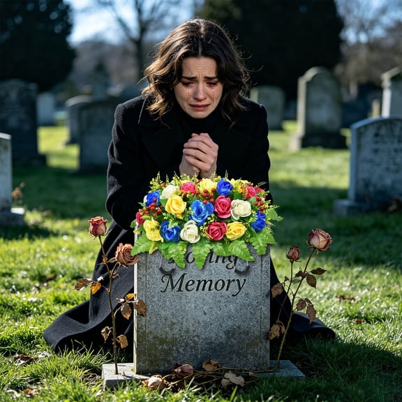 Kaireo Artificial Cemetery Flower Spray with Stand Weather‑Resistant Faux Floral Arrangement for Grave Headstone Memorial Decor