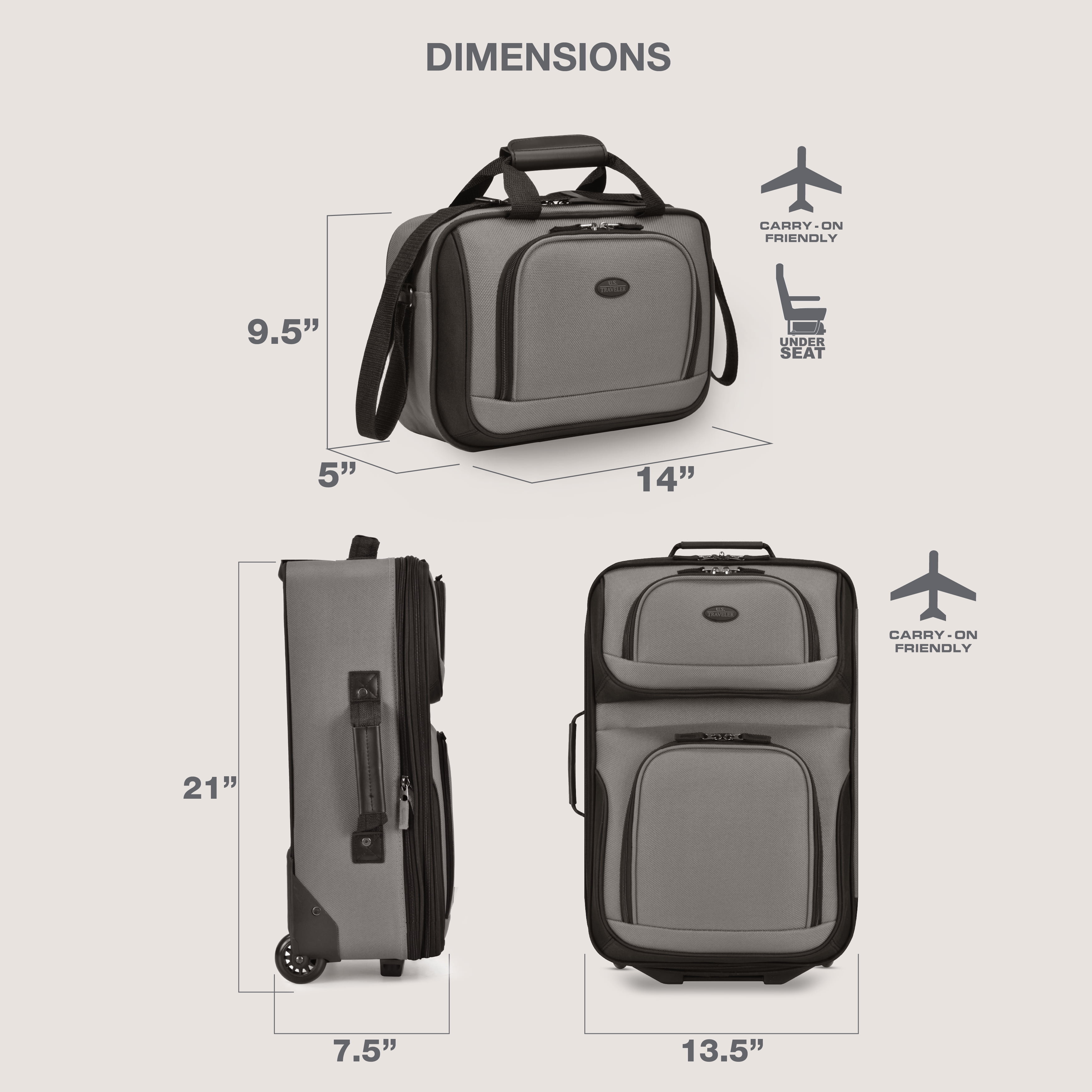 U.S. Traveler Rio Rugged Fabric Expandable Rolling Carry-on Luggage Set w/ Tote, Gray, 2-Piece (21/10)