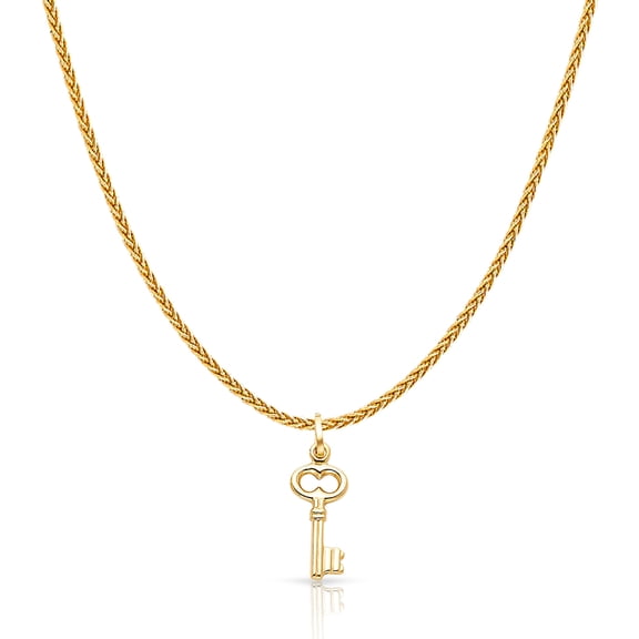 14K Yellow Gold Plain Key Charm Pendant with 1.1mm Wheat Chain Necklace - 20"