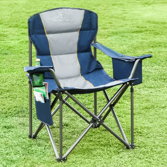 MF Studio Oversized Folding Camping Chair Heavy Duty Steel Frame Portable Padded Chairs with Cooler Bag & Cup Holder, Lightweight Lawn Chairs, Blue