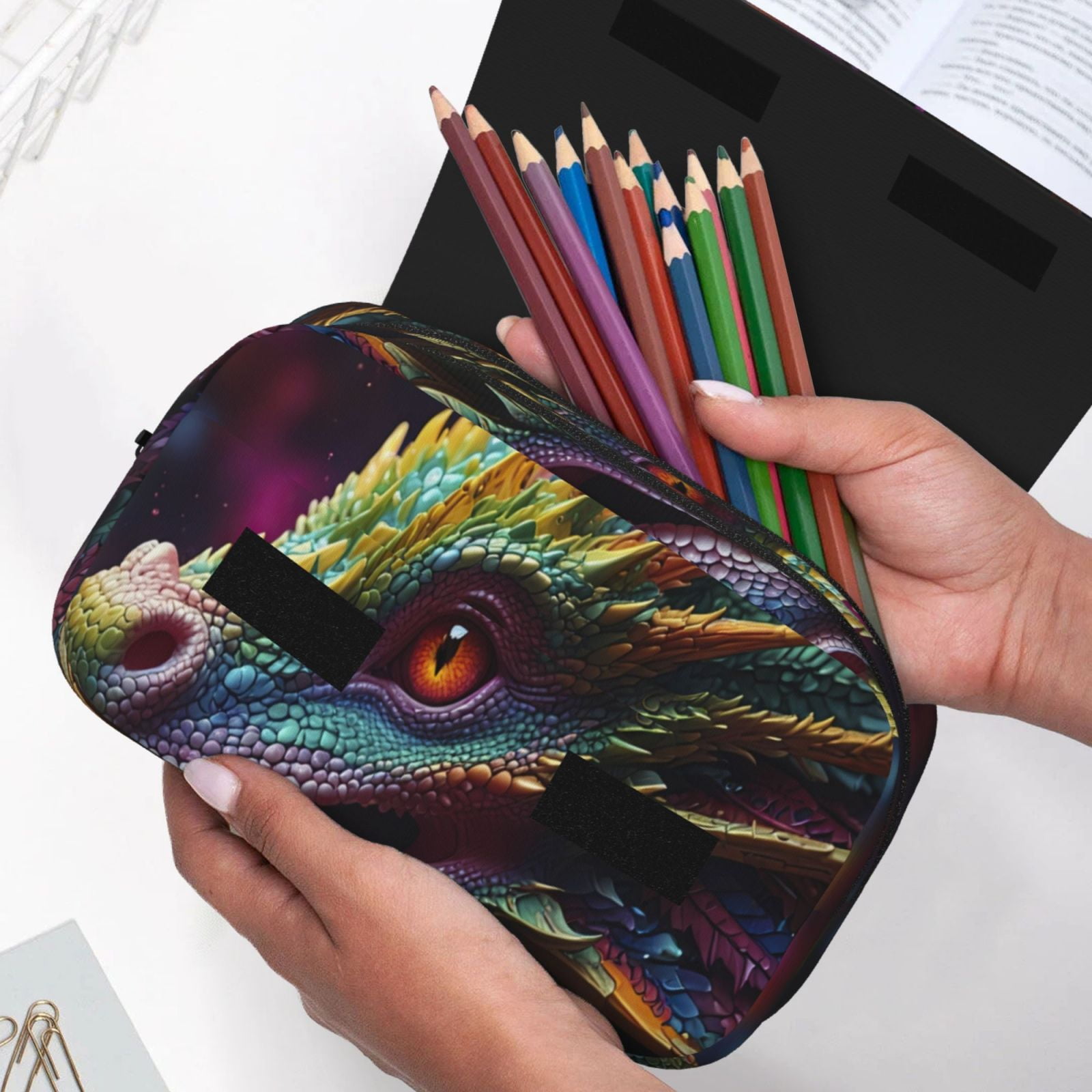 Rateoe Colorful Dragon Head Profile Pattern Double Clamshell Pen Case, Storage Organizer with Two Zipper Compartments– Holds Up to 50 Pencils & Pens