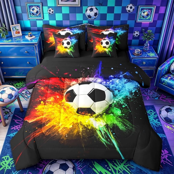 Castle Fairy Sport Soccer Twin Bedding 7-Piece, Rainbow Splatter Pattern Bedding Comforter Set, Black Red Green,Black Reversible