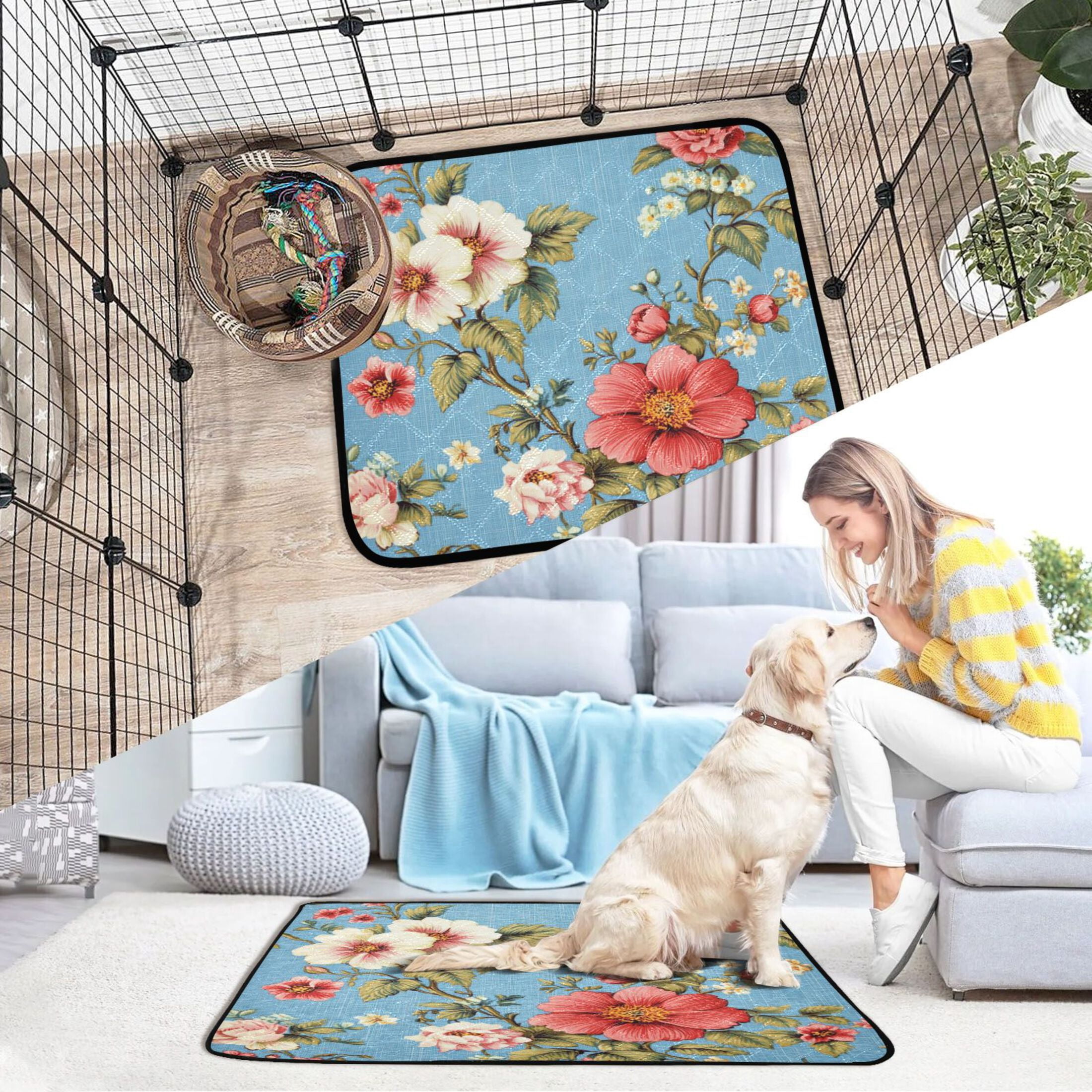 Qxltty Red and White Vintage Flowers Cat litter Pads Pet Set of 3 Diaper Mats Center Anti-leakage Layer Absorbent Soft and Comfortable