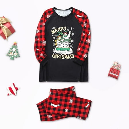 

Leutsin Parent-child Attire Christmas Suits Patchwork Plaid Printed Homewear Round Neck Long Sleeve Pajamas Two-piece Sets