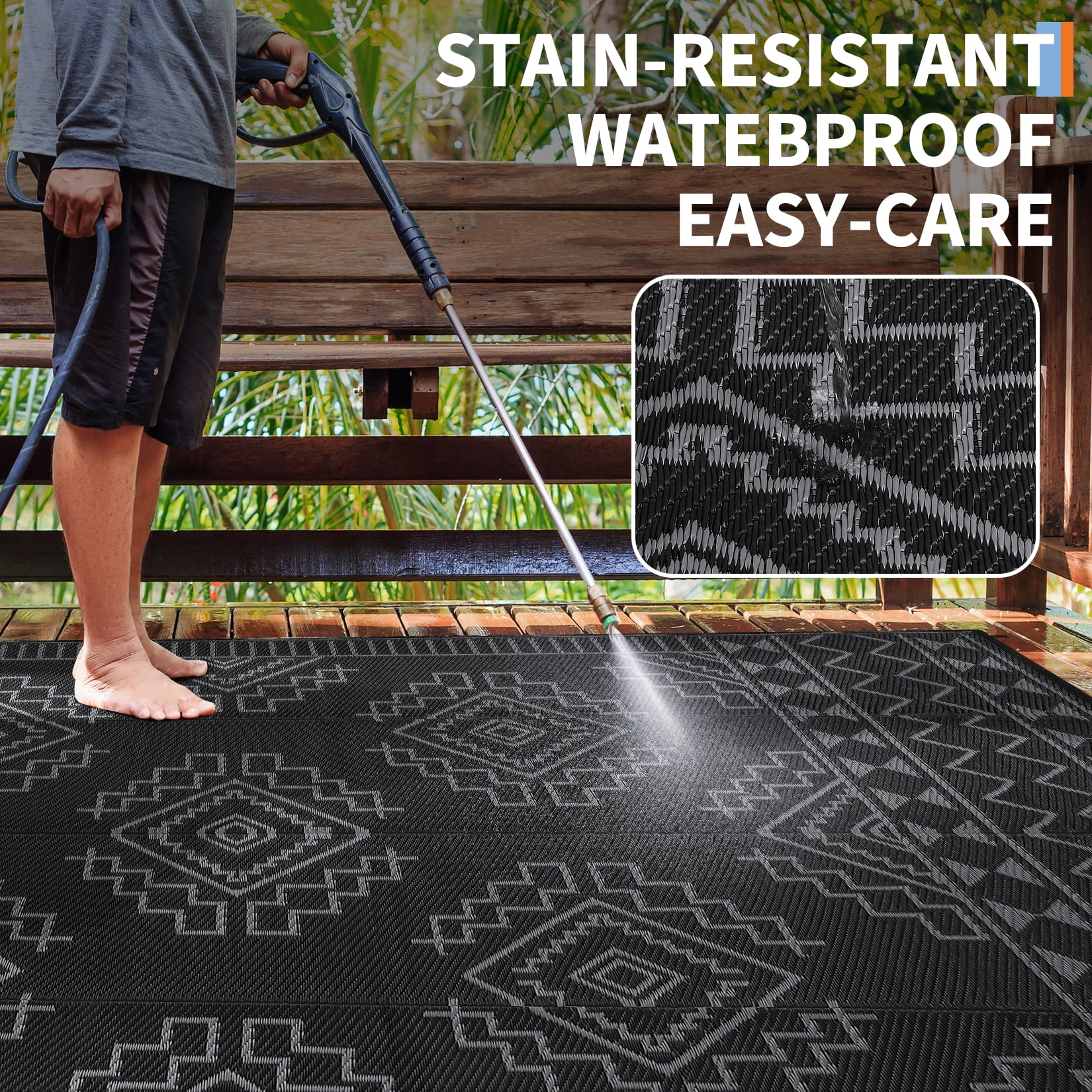 Nanan 9'x18' Outdoor Rug Geometric Waterproof Plastic Straw Rug, Reversible Portable Camping Rug for Patio Balcony Deck Backyard, Black Gray
