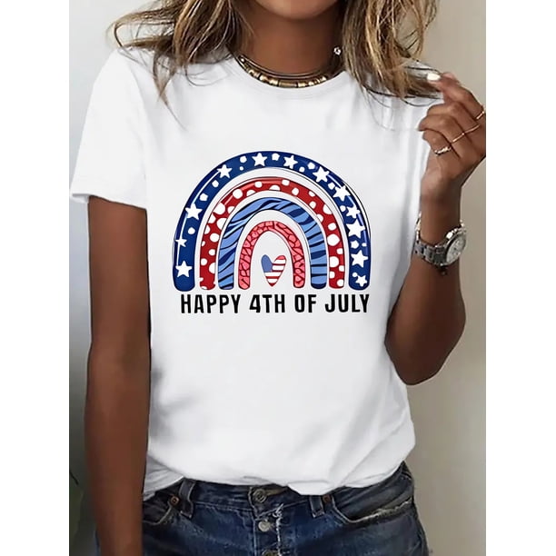 Women's Patriotic 4th of July Graphic Tee - Soft, Breathable, Lightweight Short Sleeve Athletic Shirt with Rainbow & Star Design - Perfect for Independence Day Celebrations