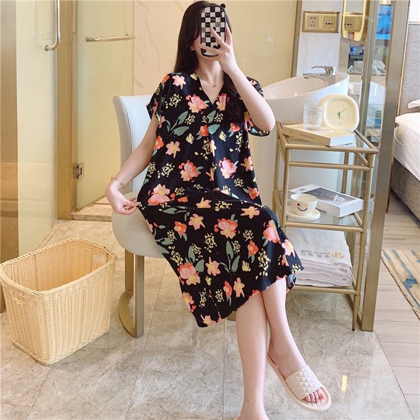 Camisón de seda de algodón para mujer, pijama de verano de manga corta con estampado de dibujos animados, estilo de talla grande, suelto, de seda de algodón, ropa de casa fina
