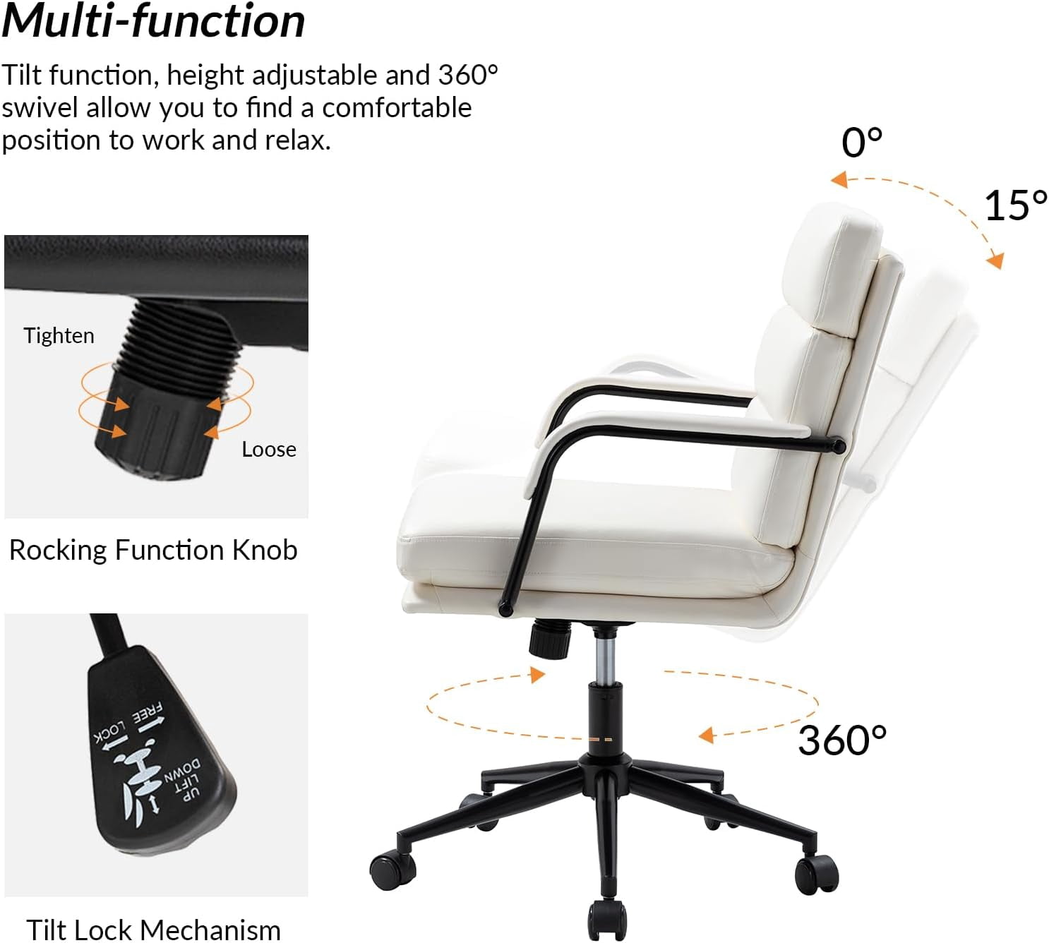 Faux Leather Home Office Chair, Swivel Task Desk Chair with Padded Cushion, White