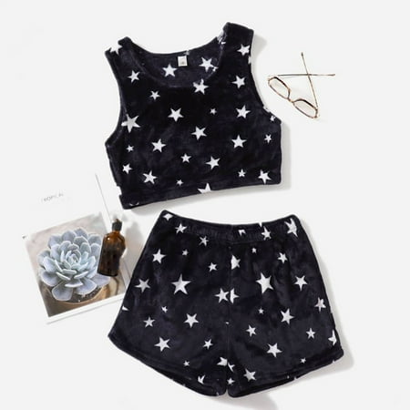 

SELONE Pajama Set for Women Plus Size Lingerie Sleeveless Fall/winter Star Print Short Tank Shorts Two-piece Pajamas Fall Thick House Wear for Valentines Day Anniversary Wedding Honeymoon Black S