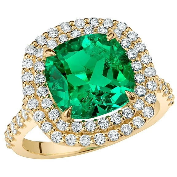 PEORA 5 Carats Created Colombian Emerald Lab Grown Diamond Ring in 14K Yellow Gold, Cushion Cut, Size 6.5