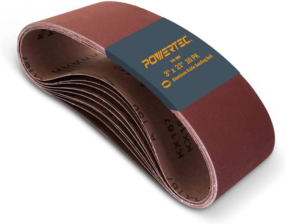 POWERTEC 110440 3 x 21 Inch Sanding Belts | 100 Grit Aluminum Oxide Sanding Belt | Premium Sandpaper For Portable Belt Sander - 10 Pack