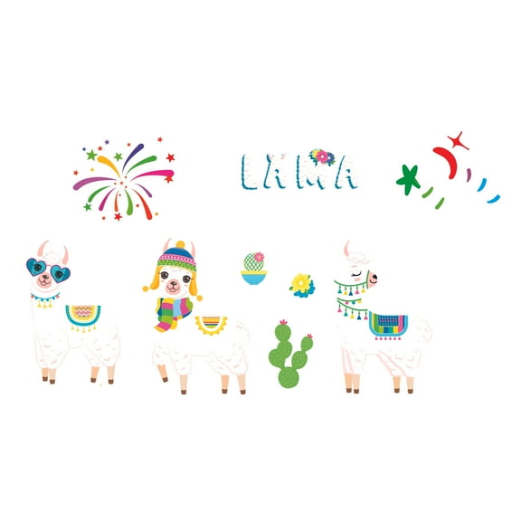 LLAMA - Multicolored Lama Home Lettering Art Decoration Row Of Llamas Fireworks Design Vinyl Wall Decal - Kids Bedroom Alpaca Animals With Colorful Accessories Adhesive Wall Decal Sticker 10" x 5"
