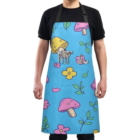 Pink Mushrooms and Flowers on Blue Chef Kitchen Apron with Pockets for Women Waterproof Aprons for Cooking Baking
