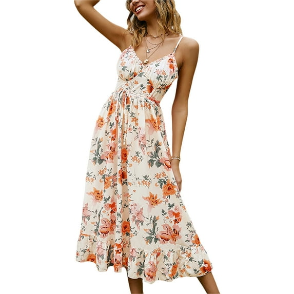 Franhais Women Floral Dress, Sleeveless V Neck High Waist Slimming Casual Party Party A-Lined Midi with Waistband