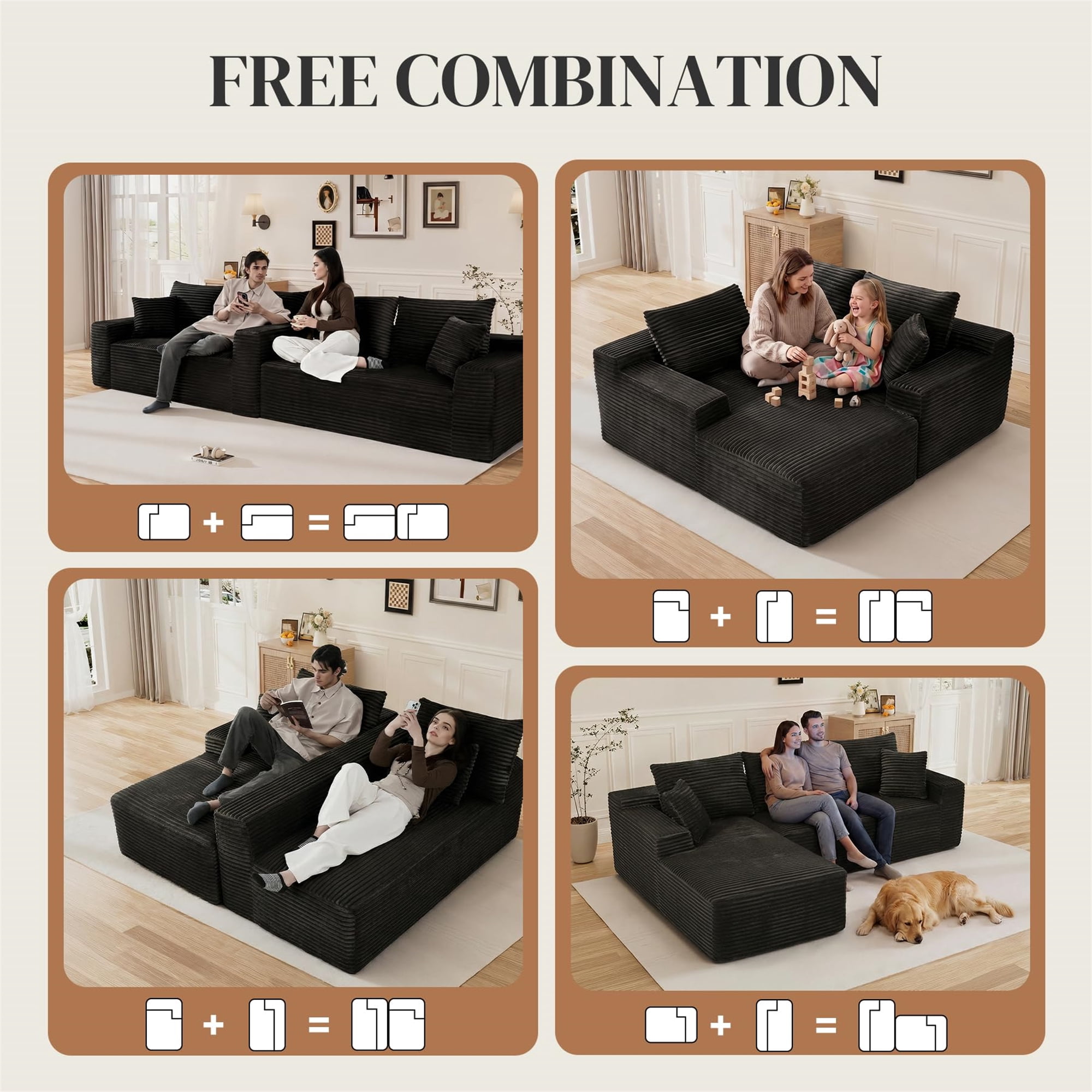 Aukfa 108" Cloud Sectional Sofa Deep Seat Boneless Couch Modular L-Shaped Couch, Left Chaise Corduroy Sofa for Living Room, Black