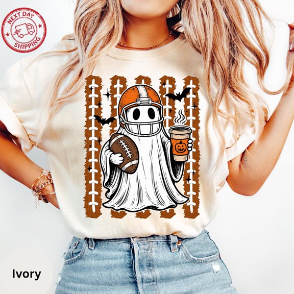 Spooky Football Ghost T-Shirt, Halloween Game Day Tee, Ghost Football Fan Shirt